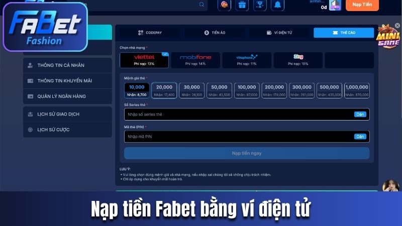 Nạp tiền Fabet bằng ví điện tử